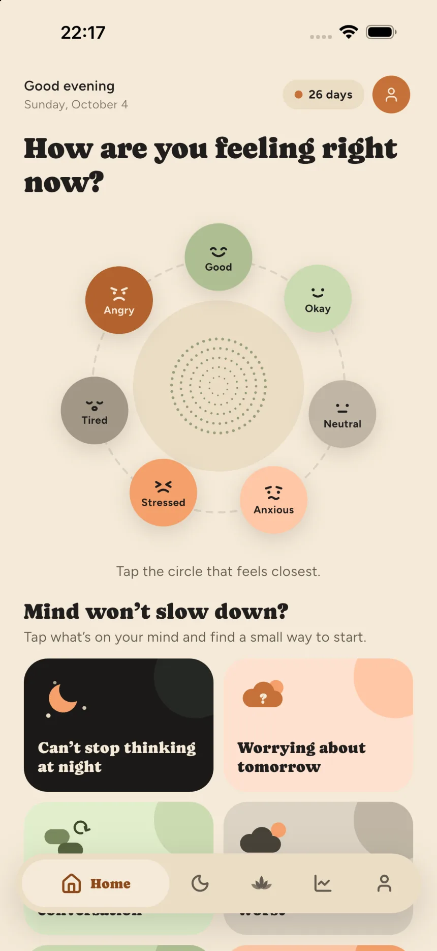 Meditly home screen: How are you feeling right now?
